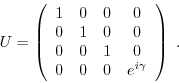 \begin{displaymath}U = \left(\begin{array}{cccc}
1 & 0 & 0 & 0\\
0 & 1 & 0 & 0\...
... & 0 & 1 & 0\\
0 & 0 & 0 & e^{i \gamma}
\end{array}\right)\; .\end{displaymath}