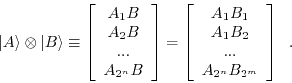 \begin{displaymath}
\vert A\rangle \otimes \vert B\rangle \equiv
\left[ \begin...
... A_1 B_2  ...  A_{2^n} B_{2^m}
\end{array} \right] \; . \end{displaymath}